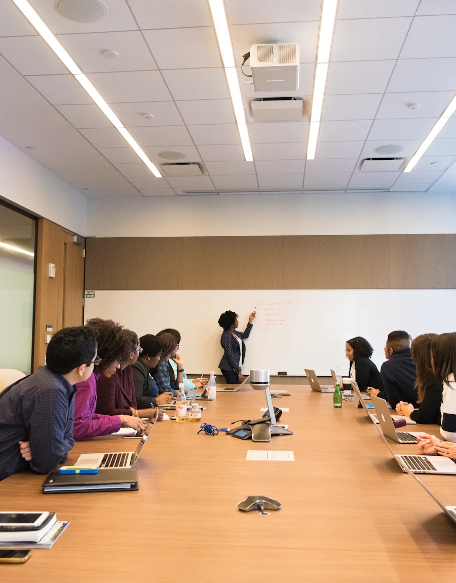 A colleague presenting to a boardroom of finance professionals